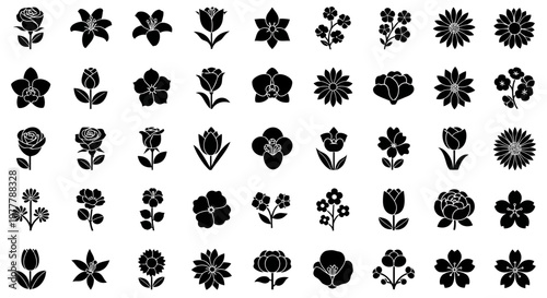 Collection of Black Flower Icons: Vector Graphics for Design and Decoration