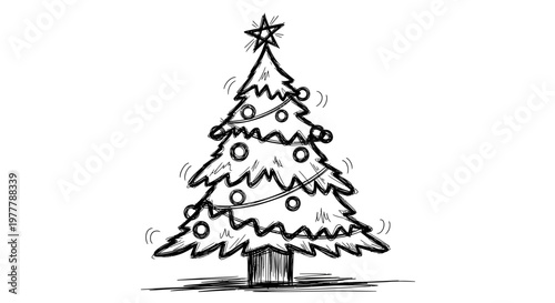 Hand-drawn sketch of a decorated Christmas tree with twinkling lights and ornaments