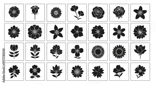 Collection of Black Flower Silhouettes: Vector Icons for Design and Decoration