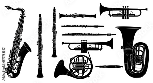 Silhouette Collection of Musical Instruments: Brass and Woodwind