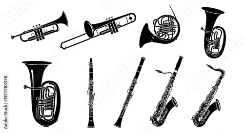 Collection of Black and White Silhouettes of Musical Instruments