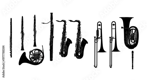Collection of Black and White Wind and Brass Musical Instruments Silhouettes
