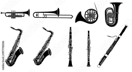Collection of Brass and Woodwind Musical Instruments Silhouette Icons