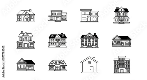 Set of Diverse House Icons: Modern, Traditional, and Suburban Home Styles