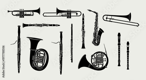 Collection of Silhouette Wind Instruments: Brass and Woodwind Musical Instruments