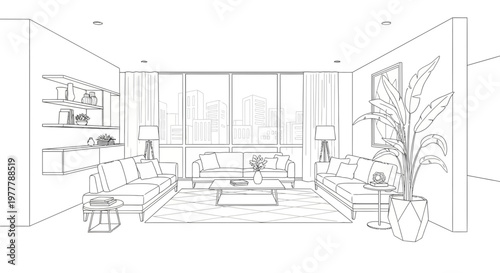 Modern Living Room Interior Design Sketch with City View