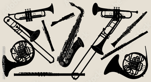 Silhouette Collection of Musical Instruments: Brass and Woodwinds
