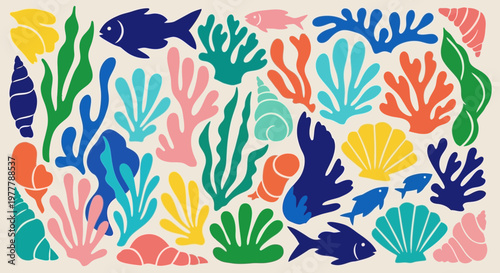 Colorful Abstract Underwater World: Coral Reefs, Fish, and Seashells - Vector Illustration