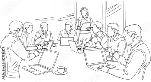 Business Meeting Discussion Teamwork Collaboration Office Laptop Coffee