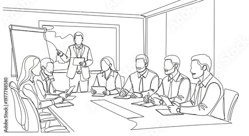 Business meeting in a conference room with a presenter and team discussing strategy