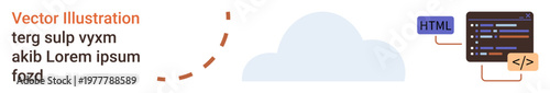 Cloud computing, web development, coding education, programming languages, tech services, data storage. Features cloud icon, HTML code panel and programming tags. Cloud computing and web development