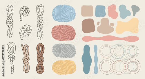 Crafting Supplies: Yarn, Rope Knots, and Abstract Shapes in Pastel Colors