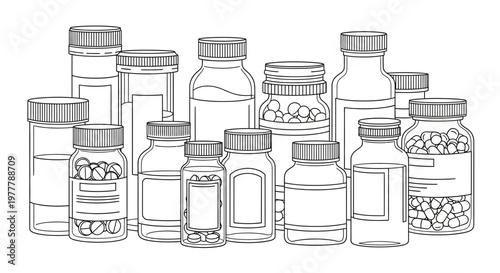 Collection of Medicine Bottles and Pills: Health, Pharmacy, and Medical Supplies
