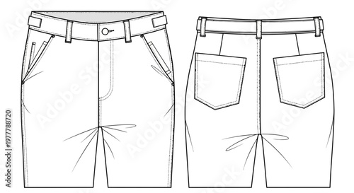 Fashion Flat Sketch: Men's Shorts Front and Back View - Apparel Design Template