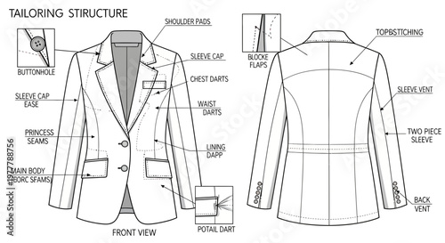 Tailoring Structure Diagram: Blazer Front and Back Views with Detailed Callouts