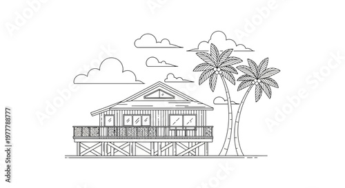 Tropical Beach House on Stilts with Palm Trees and Clouds Line Art