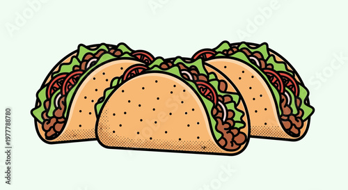 Three Delicious Tacos with Fresh Toppings on a Light Green Background