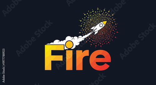 Rocket Launching with Fiery Explosion and "Fire" Text - Concept of Success and Innovation