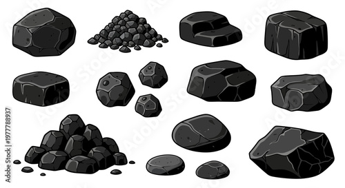 Collection of Realistic Dark Gray Rocks and Pebbles, Isolated on White Background