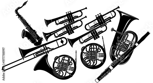 Musical Instruments Silhouette Collection: Brass, Woodwind, Saxophone, Trombone, French Horn