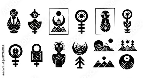 Esoteric Symbols and Nature Icons: Feminine Energy, Mountains, Moon, Sun