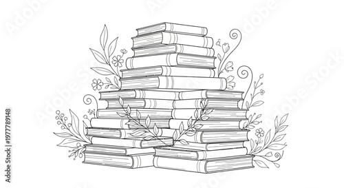 Stack of Books with Floral Embellishments - Artistic Sketch Illustration