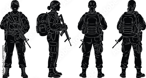 Armed soldier silhouettes tactical gear rifles, military personnel front side back views, combat readiness defense security concept, flat vector illustration