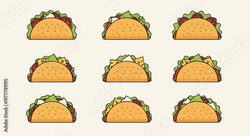 Taco Variety: Nine Delicious Mexican Food Illustrations on Beige Background