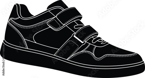 A black and white illustration depicts a single athletic shoe with velcro straps and a rubber sole high quality professional detailed