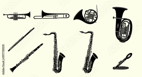 Collection of Brass and Woodwind Musical Instruments Silhouette