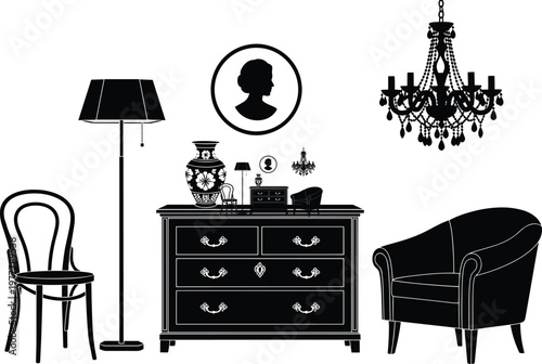 A decorative black and white illustration showcases vintage furniture and wall decor in a classic style high quality professional detailed modern