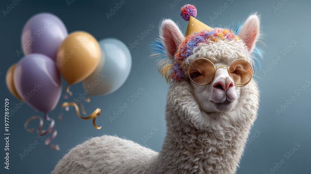 Obraz premium Adorable Alpaca Wearing Party Hat and Sunglasses Surrounded by Colorful Balloons Celebrating a Fun Festive Event in a Playful Atmosphere