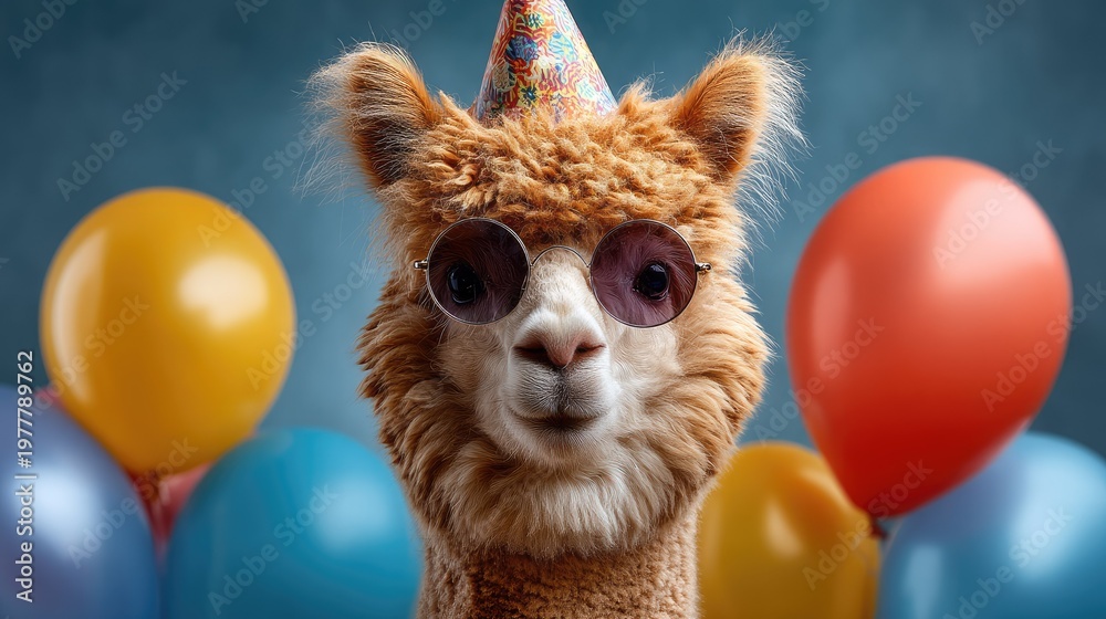 Fototapeta premium Adorable alpaca wearing party hat and sunglasses surrounded by colorful balloons, celebrating a festive occasion with a cheerful and playful vibe