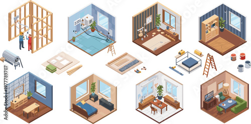 Set of Home Renovation and Interior Design Illustrations Featuring Room Remodeling, Construction Work, Furniture Setup, and Modern Living Spaces