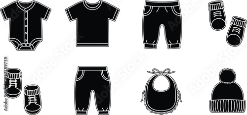 Baby clothing set vector icons including bodysuit t-shirt pants shoes bib and hat black silhouette collection for newborn fashion design