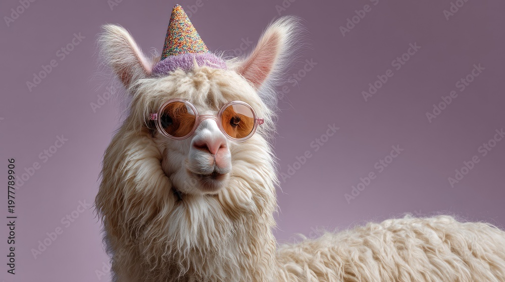 Obraz premium Adorable llama wearing party hat and stylish sunglasses against soft pastel pink background, exuding a fun and celebratory mood for festive occasions
