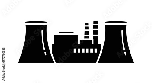Nuclear Power Plant Icon with Cooling Towers and Industrial Buildings.
