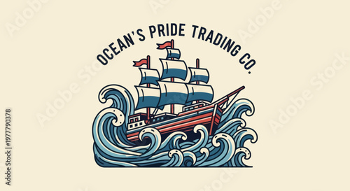Ocean Pride Trading Company Vintage Sailing Ship Illustration.