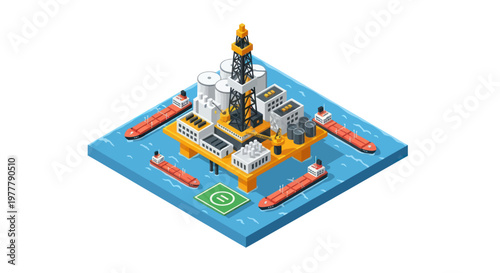 Offshore oil rig platform with supply ships in the ocean isometric view.