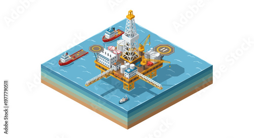 Offshore oil rig platform with support vessels in the ocean isometric view.