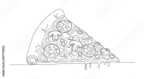 Minimalist line art depicts a slice of pizza with pepperoni and mushrooms, melting cheese
