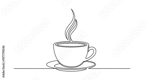 Simple black line art of a steaming coffee cup on a saucer