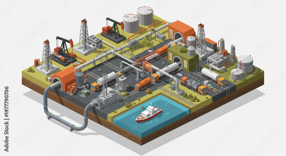 Obraz premium Oil and Gas Industry Complex with Pumping Jacks and Refinery.