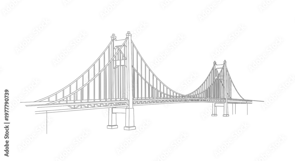 Fototapeta premium Stylized grey line drawing of a suspension bridge with two towers and suspended roadway