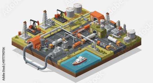 Oil and Gas Industry Complex with Pumping Jacks and Refinery.