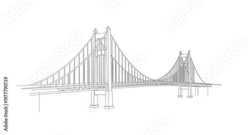 Stylized grey line drawing of a suspension bridge with two towers and suspended roadway
