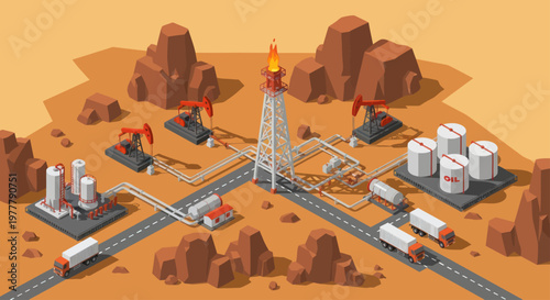 Oil drilling and extraction industrial complex in a desert landscape.