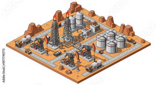 Oil drilling and extraction industrial complex with pumpjacks and storage tanks.