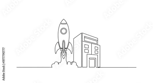 Simple line drawing of a rocket launching from beside a building