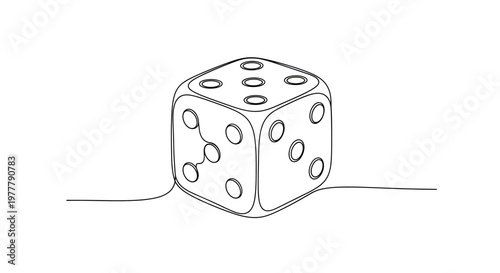 A minimalist line drawing of a six-sided cube with numbered pips visible on its faces